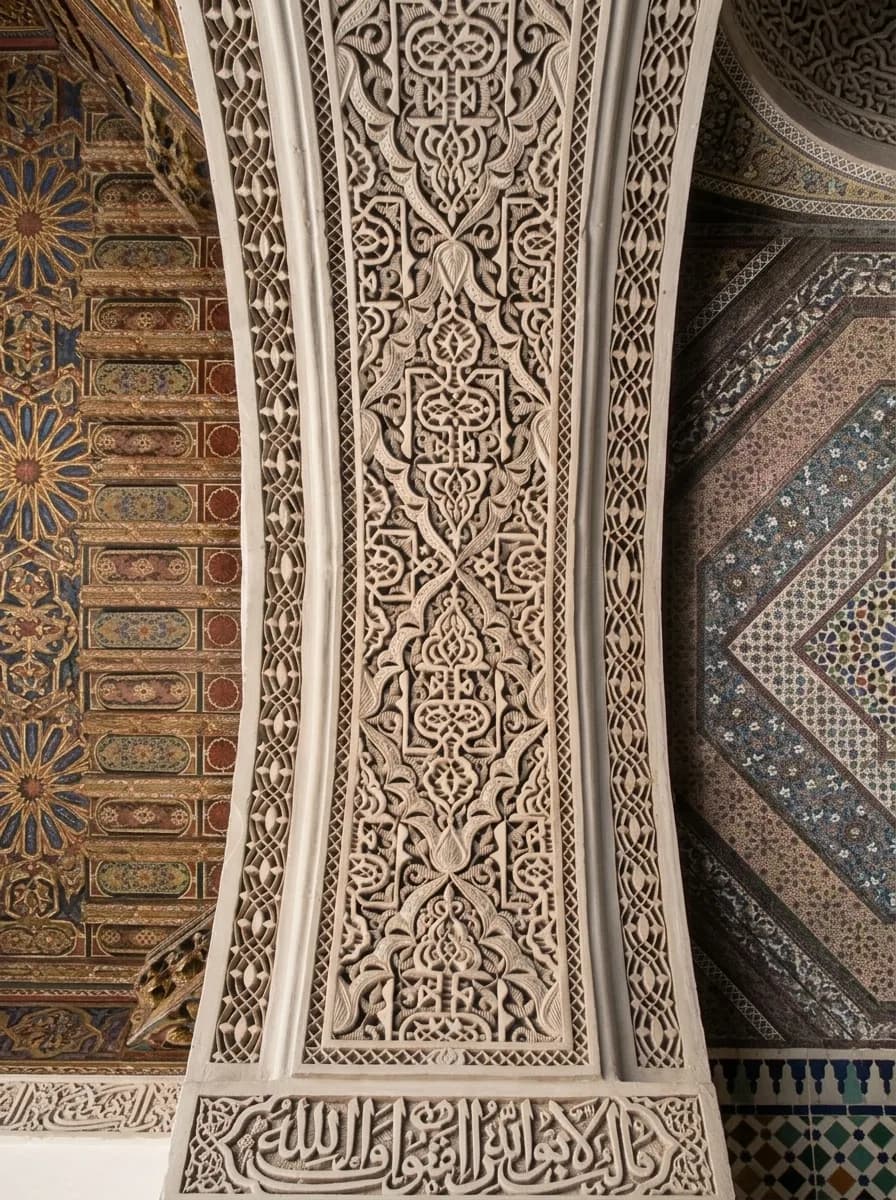 Carved stucco band between painted cedar and zellige mosaic tilework at Bahia Palace