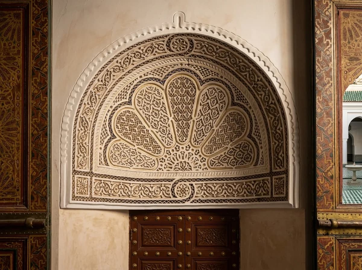 Fan-shaped carved stucco lunette above a studded wooden door at Bahia Palace