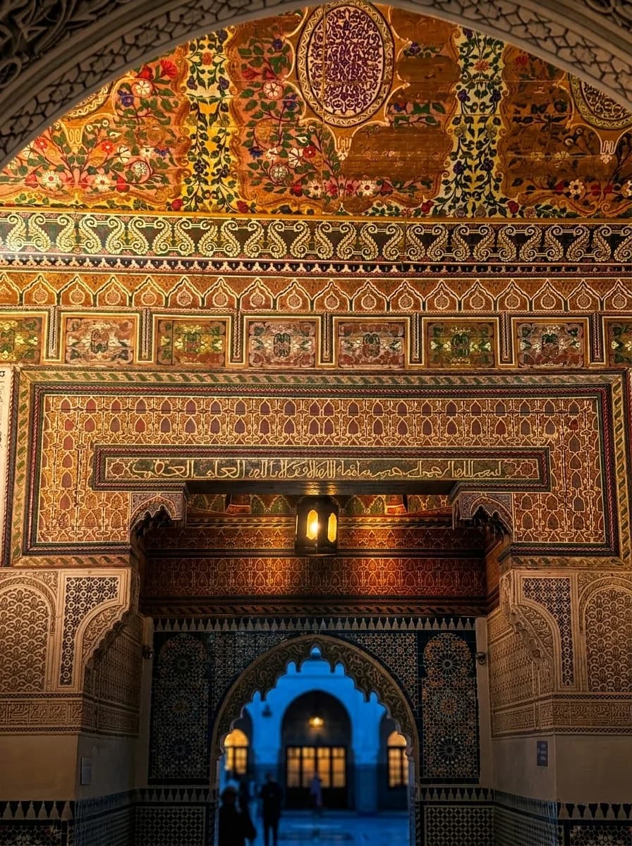 Richly gilded and painted arch with floral motifs above a doorway inside Bahia Palace