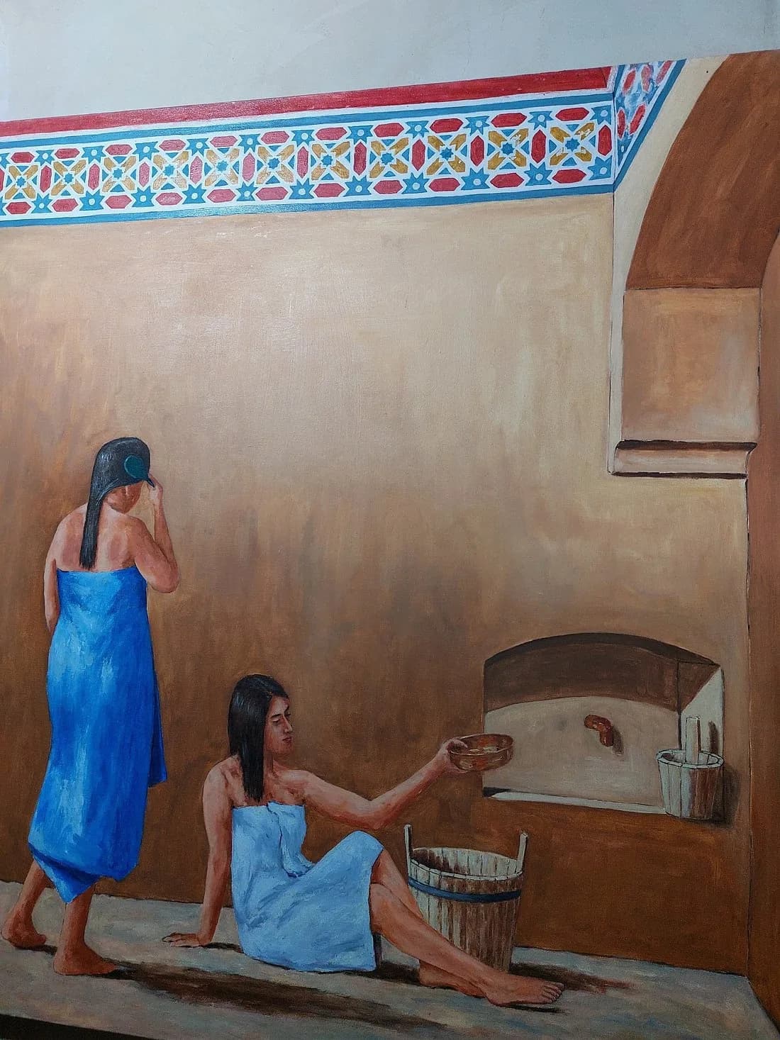 Painting of women at a traditional Moroccan hammam displayed inside Bahia Palace