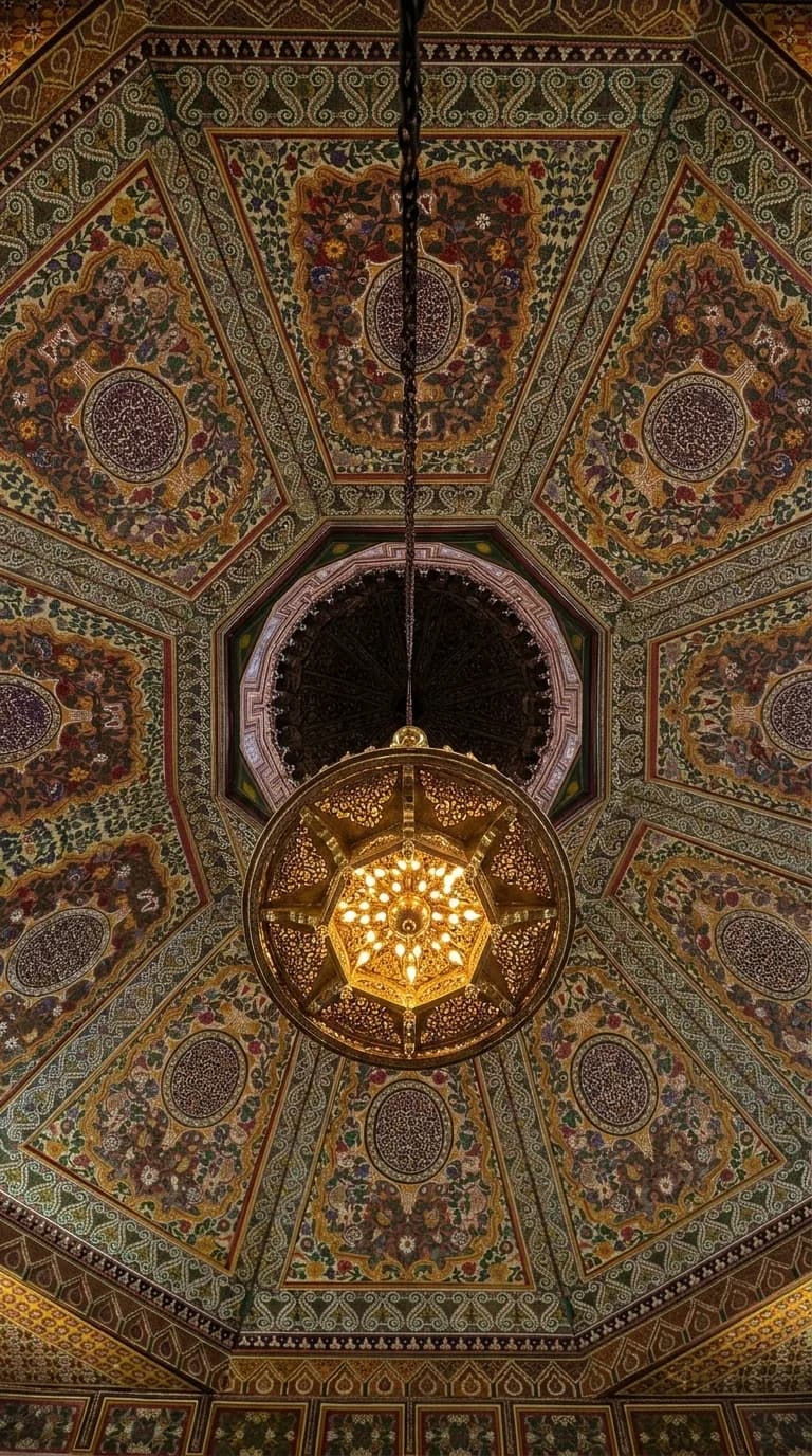 Octagonal painted wooden dome ceiling with a brass chandelier at Bahia Palace Marrakech
