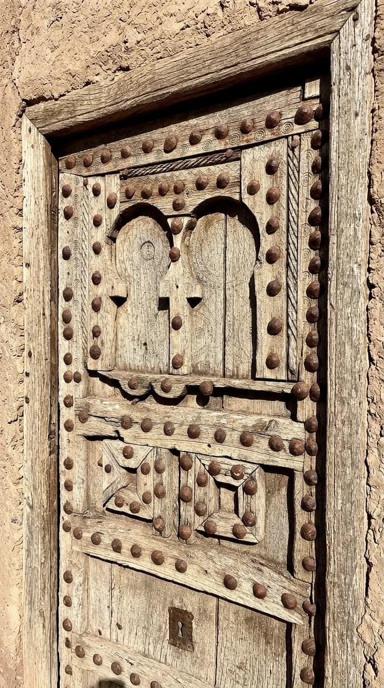 Weathered antique wooden door with iron studs at Bahia Palace Marrakech