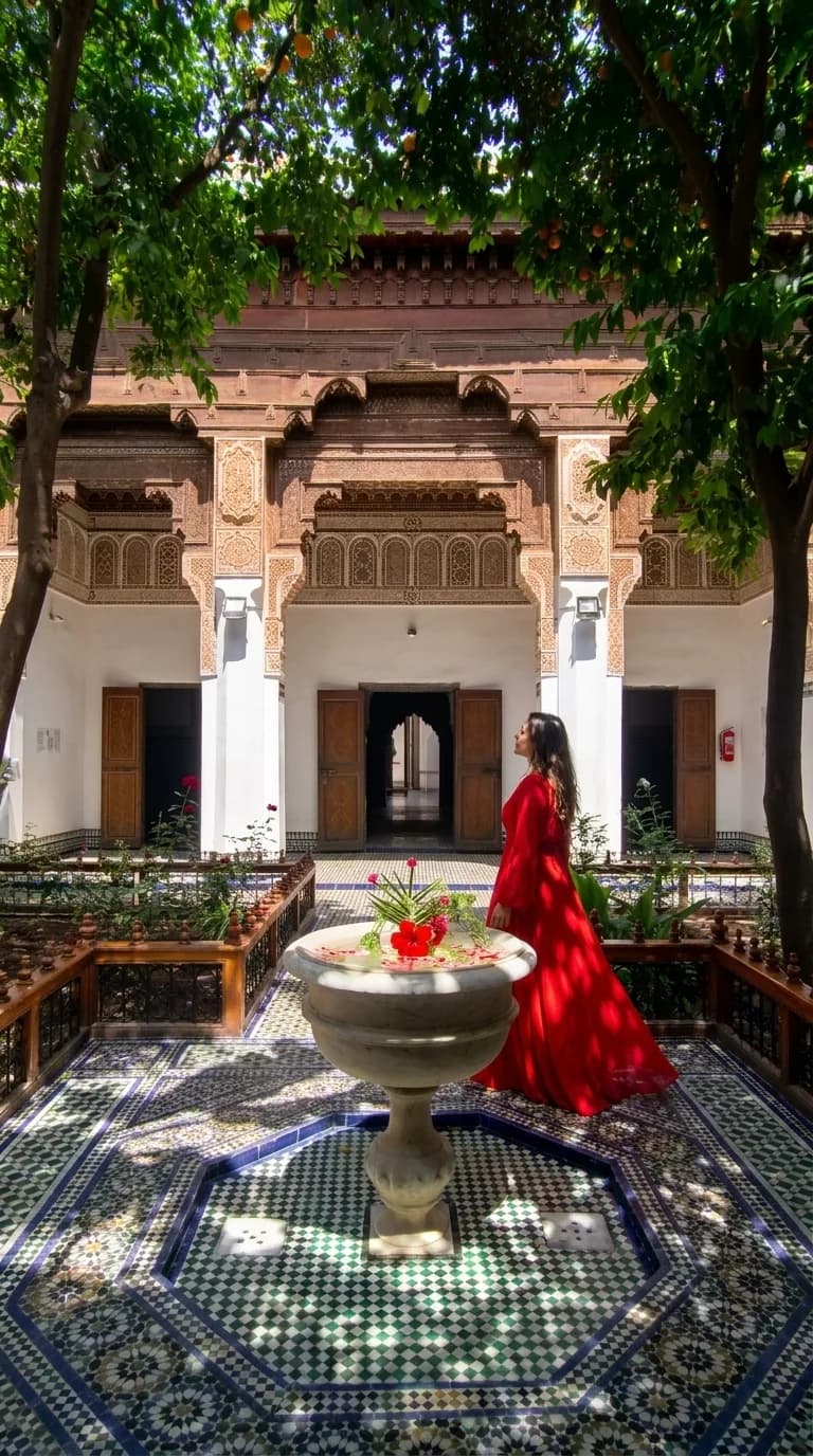 A visitor in a red dress standing by the fountain in the green riad garden of Bahia Palace