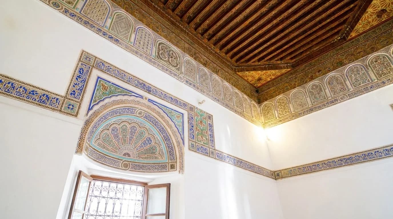 Private room at Bahia Palace with a painted wooden ceiling, carved stucco and a shuttered window
