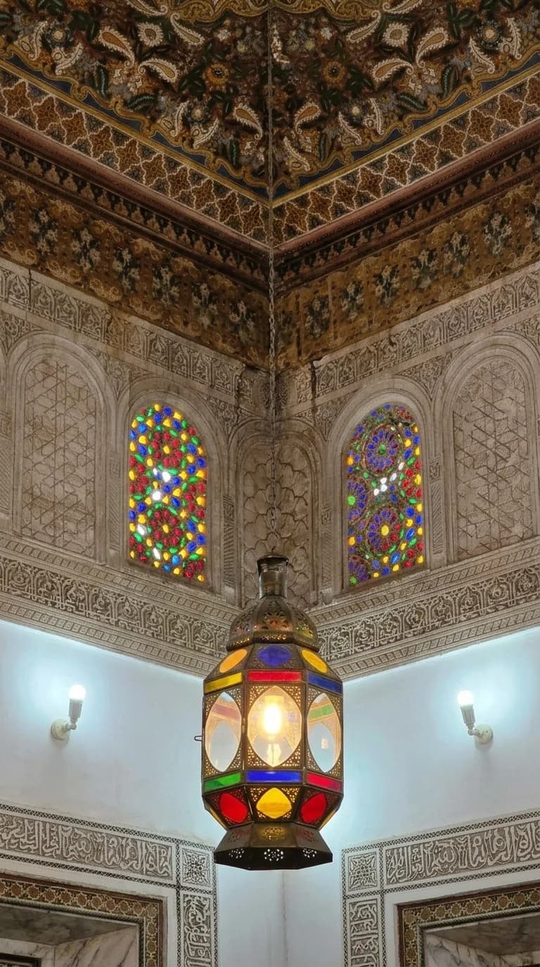 Colourful stained glass windows and a hanging glass lantern inside Bahia Palace Marrakech