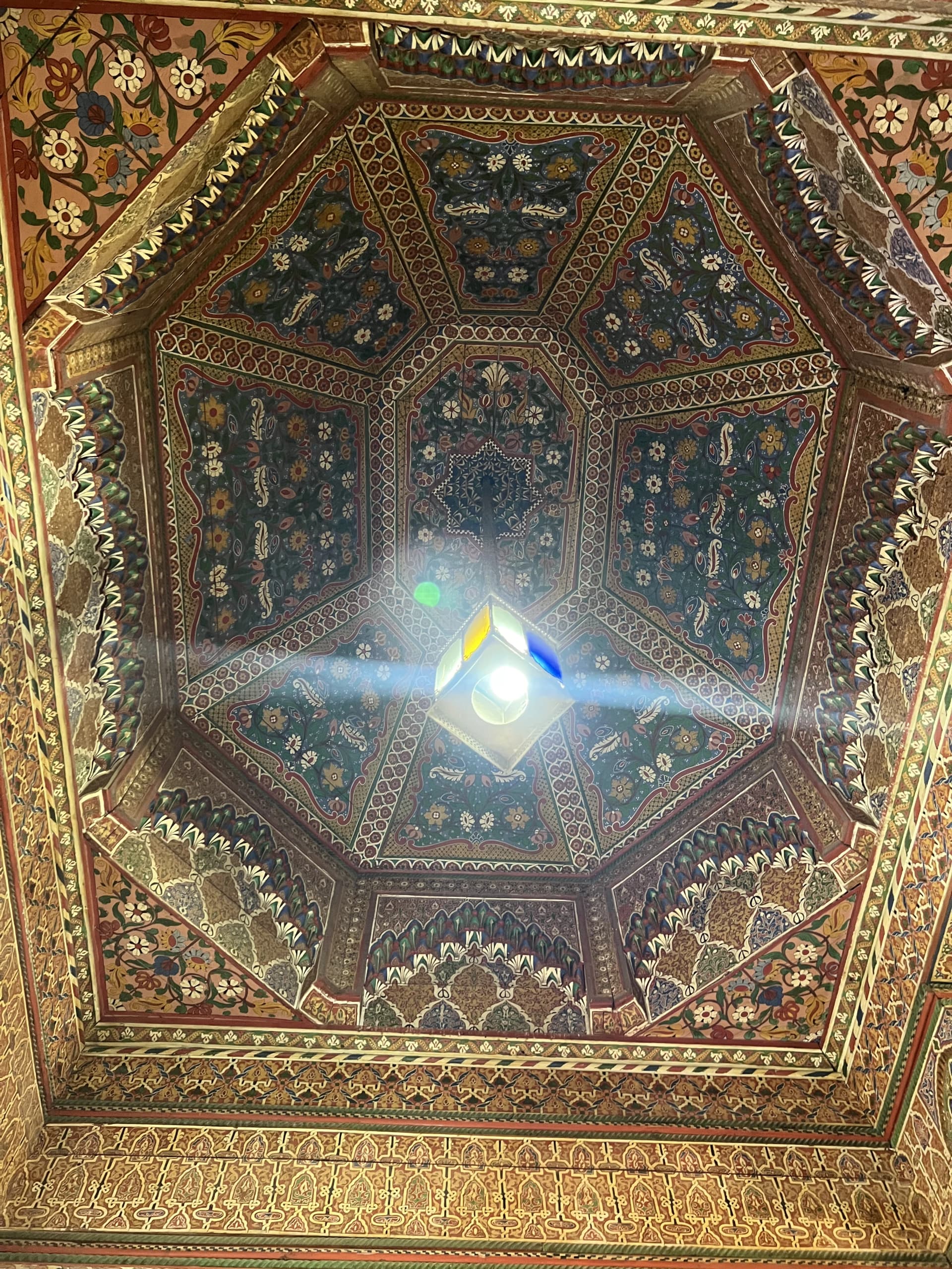 Ornate painted octagonal ceiling with floral motifs, Bahia Palace Marrakech