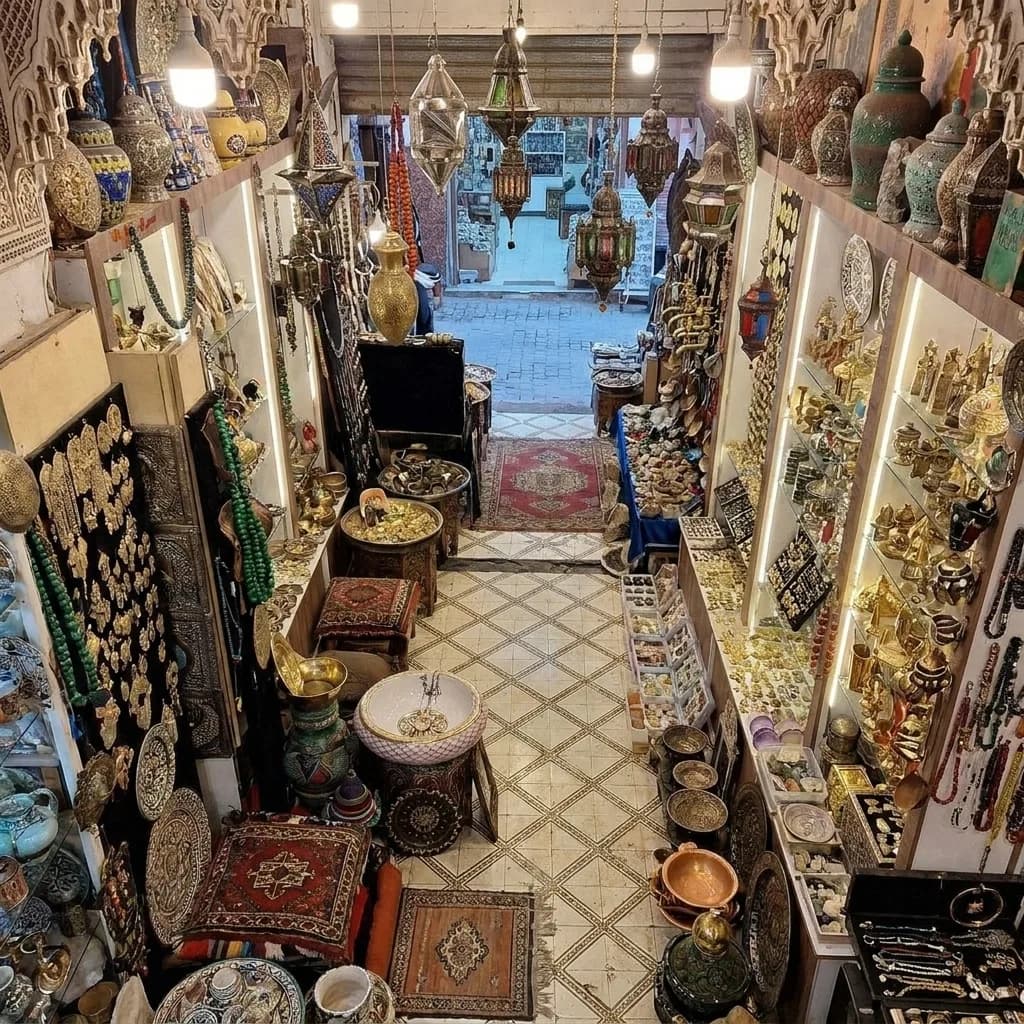 Antique bazaar in Marrakech filled with carpets, brassware, lanterns and inlaid tables — Palais de la Bahia Marrakech