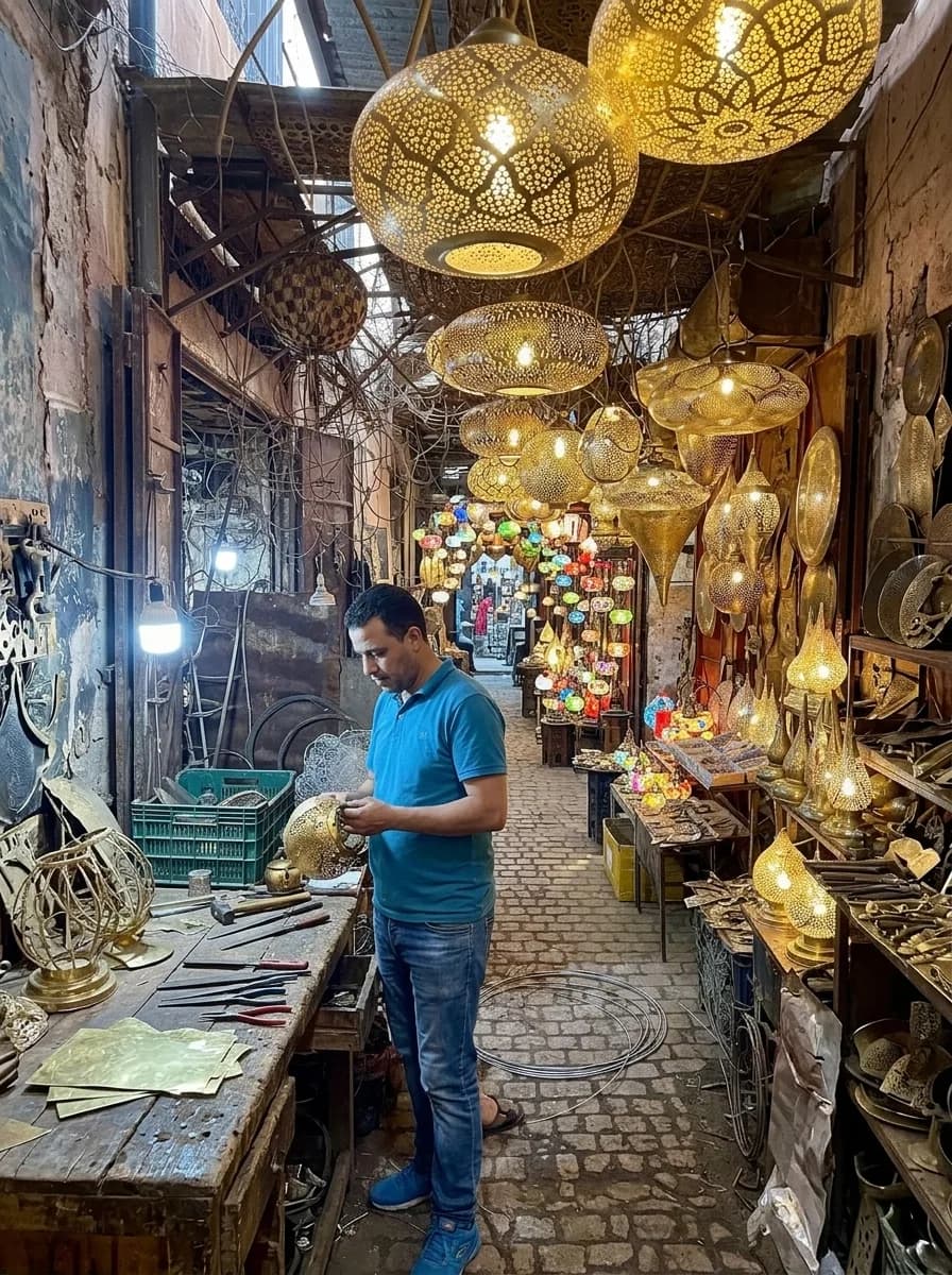An artisan shaping a pierced brass lantern by hand in his workshop in the Marrakech souk — Palais de la Bahia Marrakech