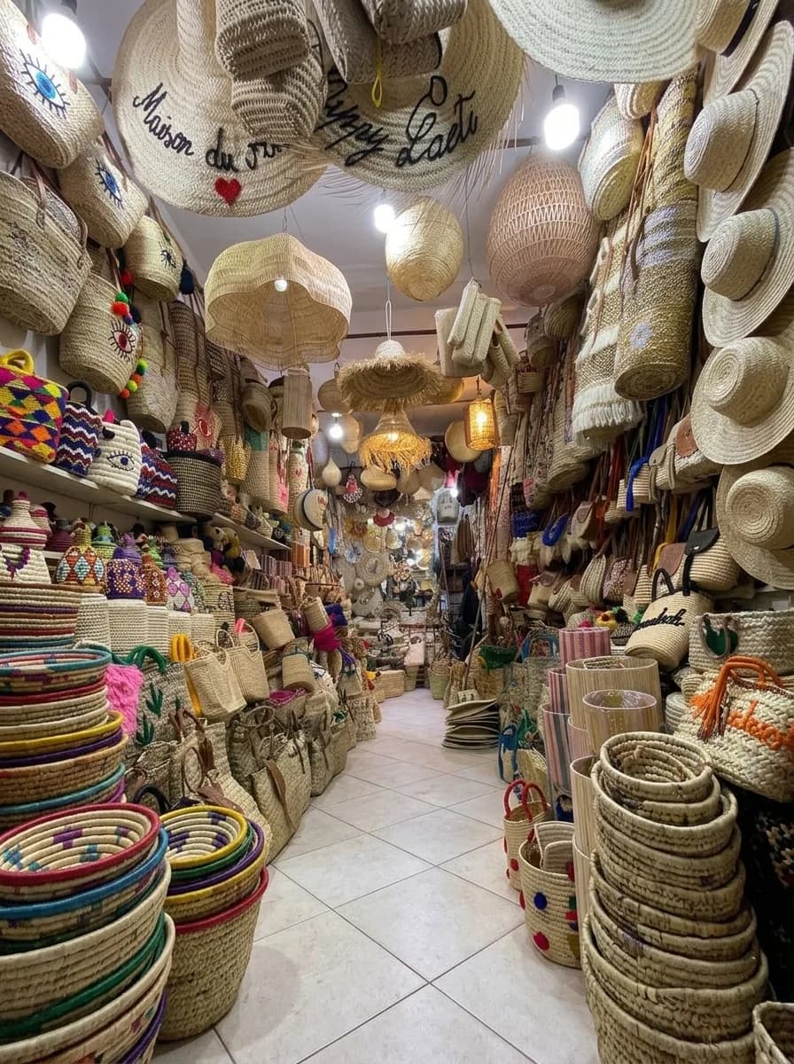 Woven straw baskets, bags and sun hats stacked in a shop in the Marrakech souk — Palais de la Bahia Marrakech