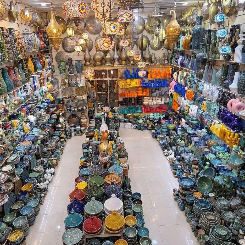 Colourful Moroccan tagines, bowls and glazed ceramics filling a pottery shop in Marrakech — Palais de la Bahia Marrakech