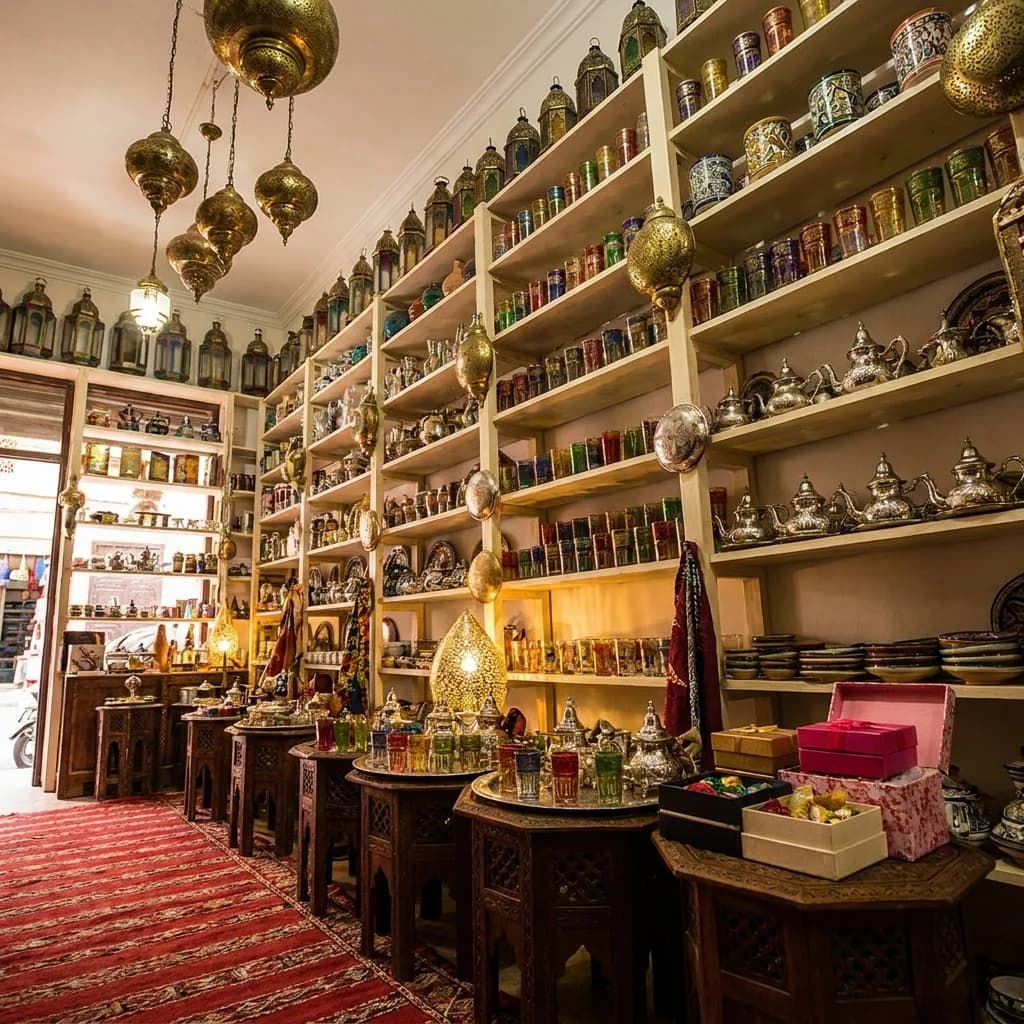 Shelves of perfume bottles and tea glasses under brass lanterns in a Marrakech shop — Palais de la Bahia Marrakech