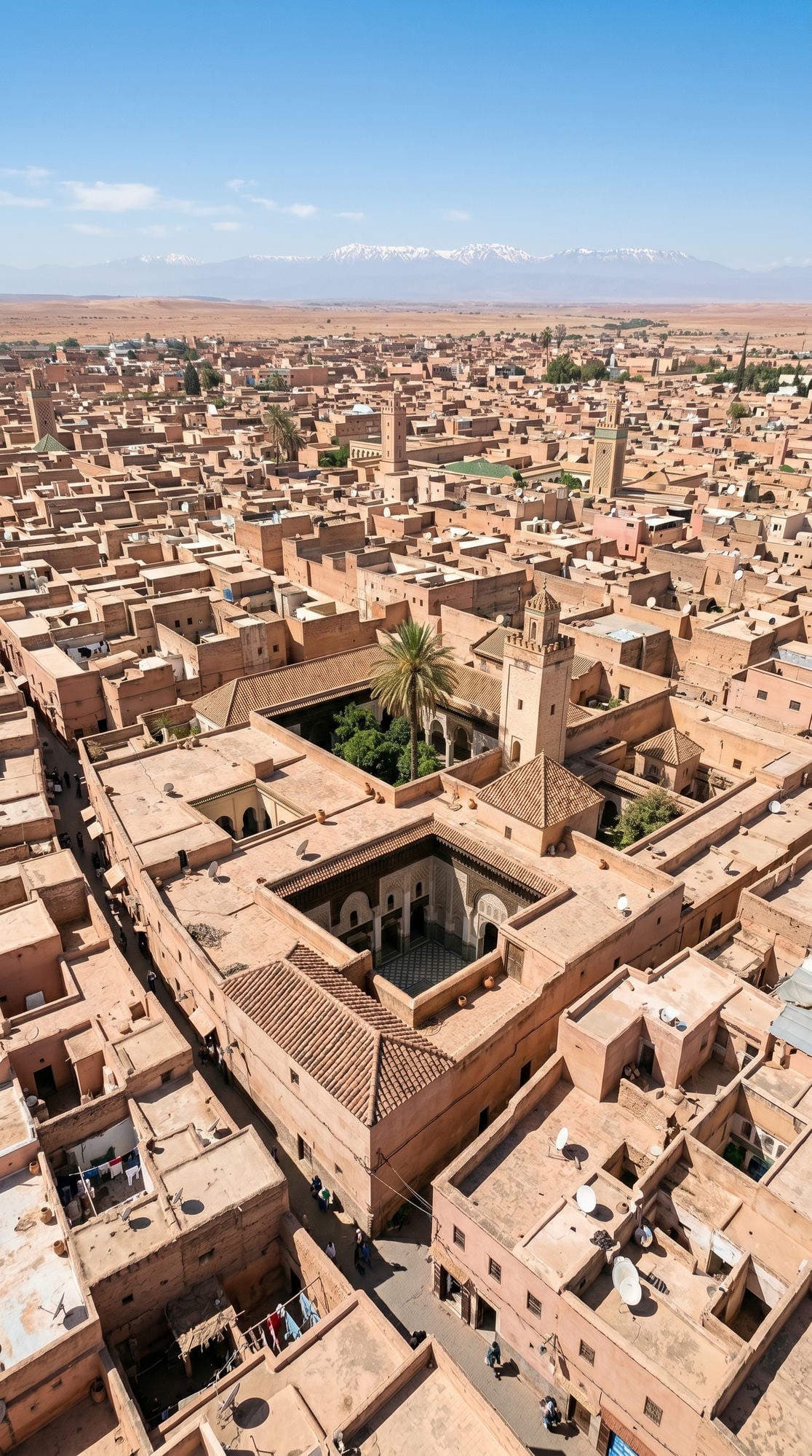 Aerial drone view of Marrakech medina showing Bahia Palace complex surrounded by rooftops Atlas mountains