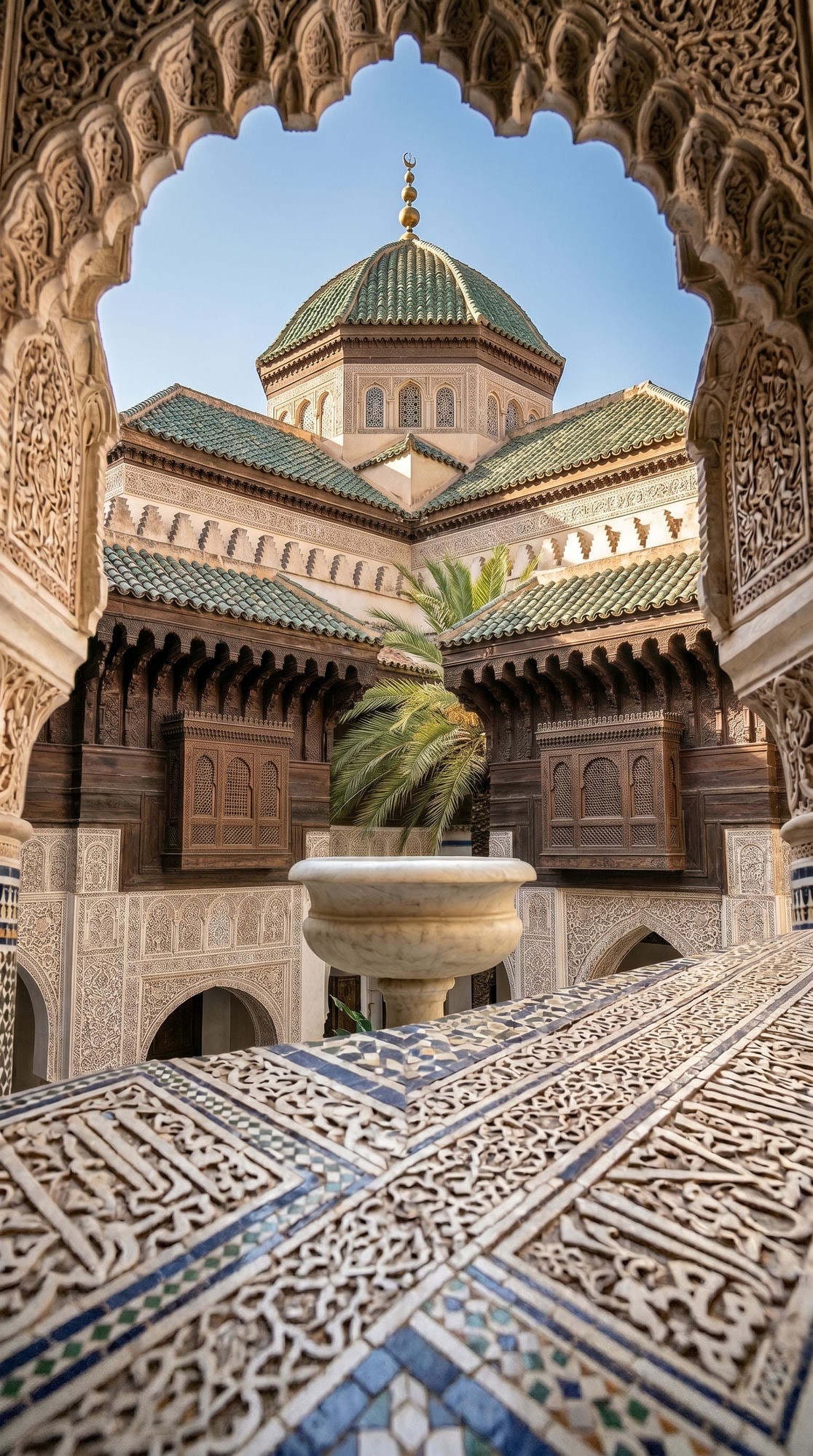 Bahia Palace view through ornate horseshoe arch to green tiled dome marble fountain and palm tree