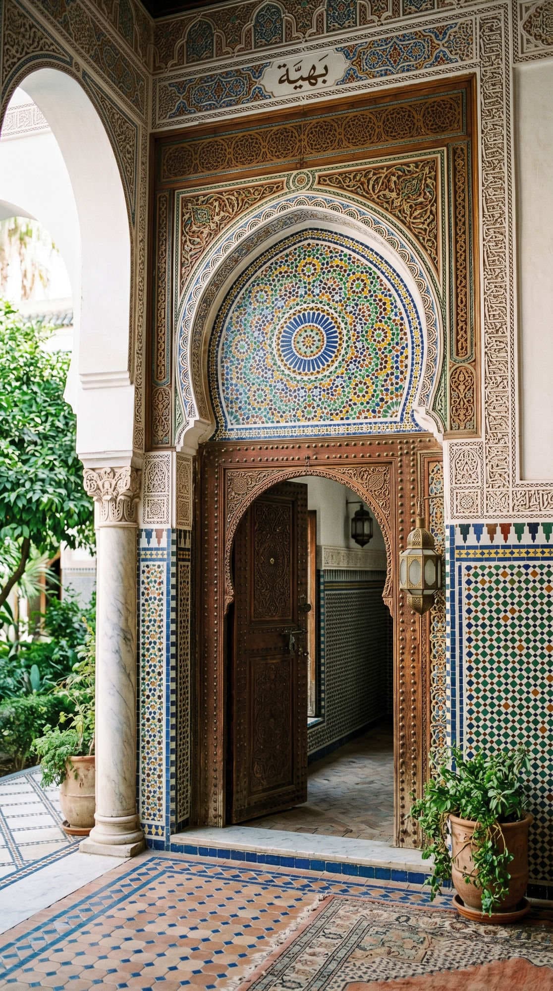 Bahia Palace arch with Bahia Arabic inscription and colorful zellige rosette mosaic with green garden