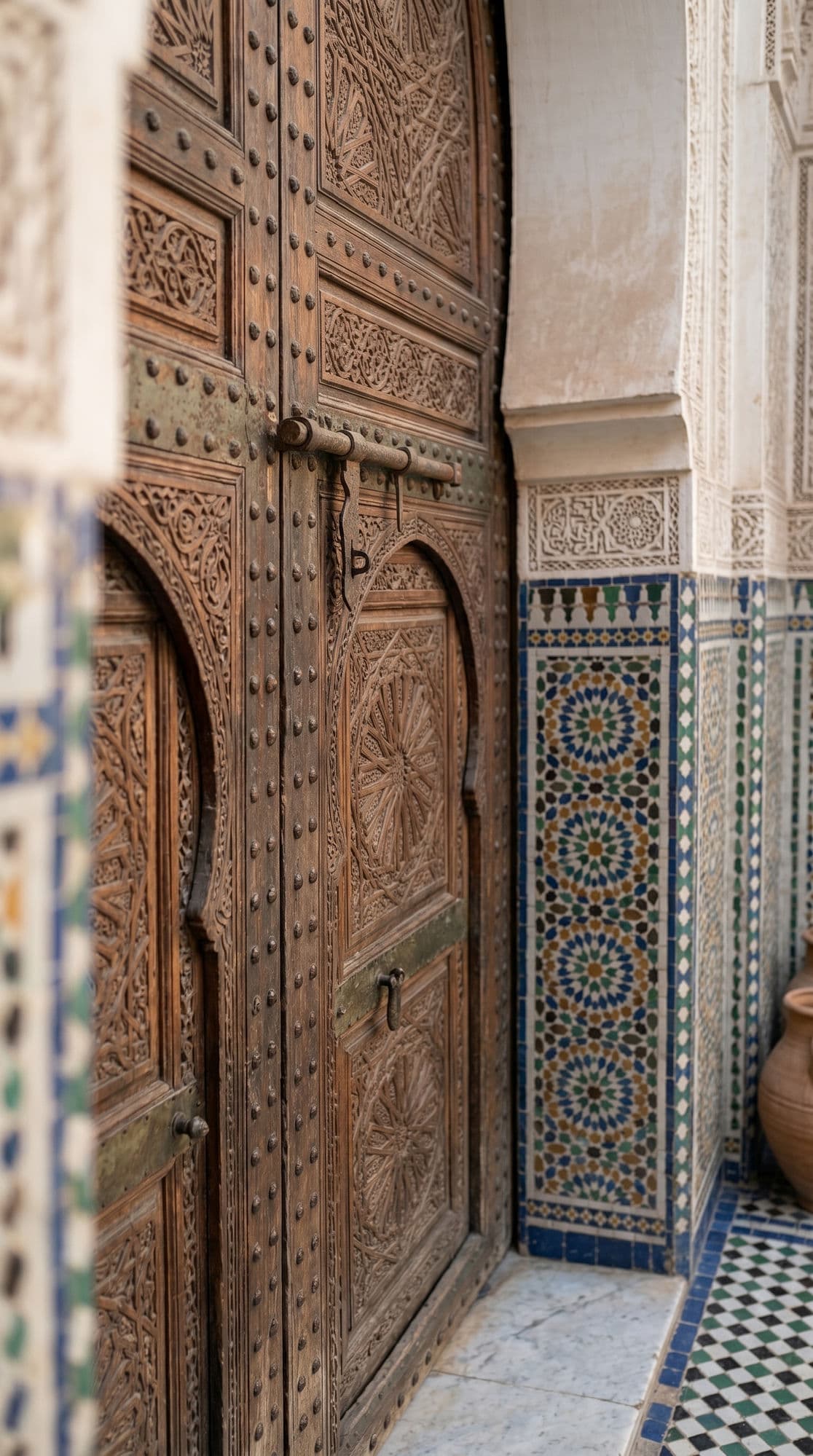 Bahia Palace carved cedar wooden door with intricate geometric zellige tile column Marrakech