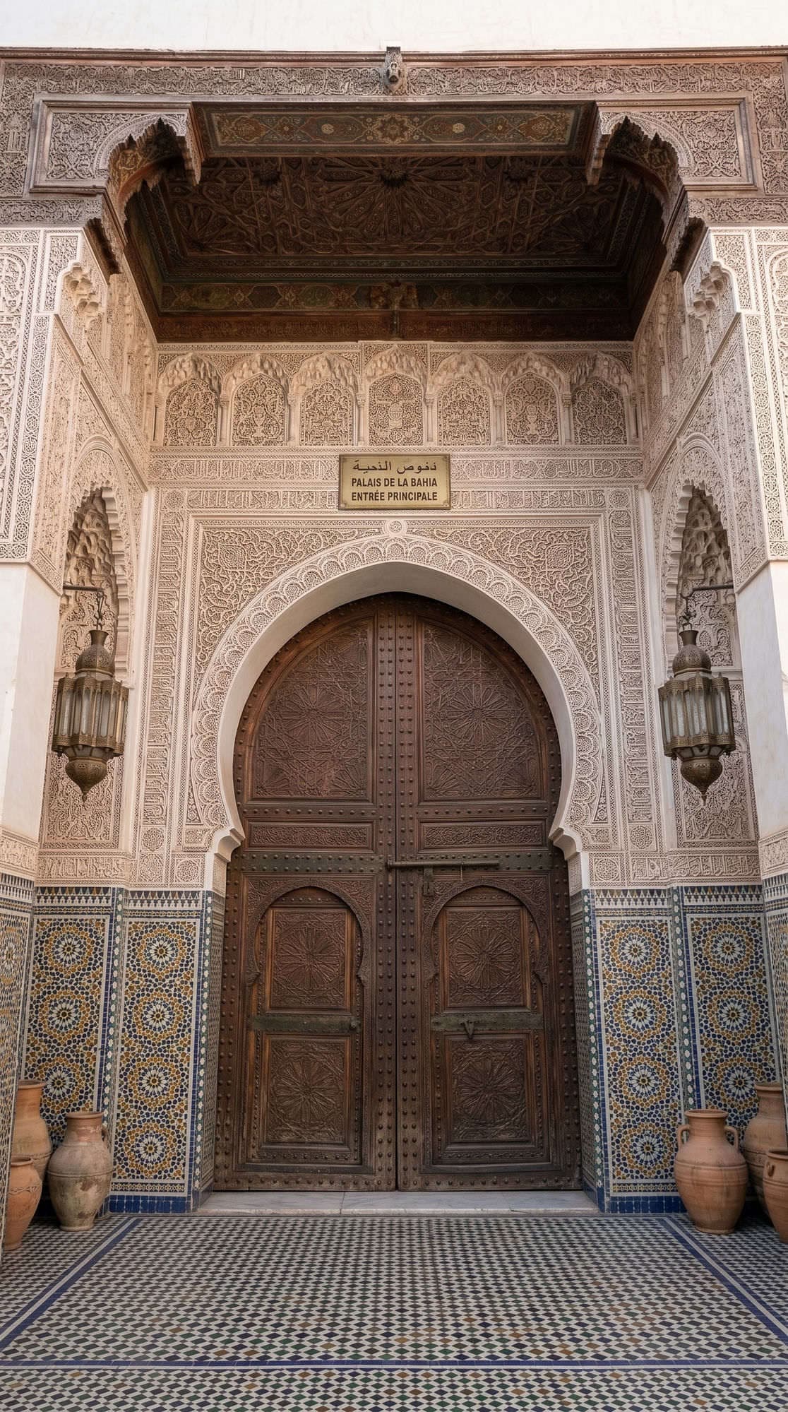 Bahia Palace main gate full view with two brass lanterns carved wooden door and zellige wall Marrakech
