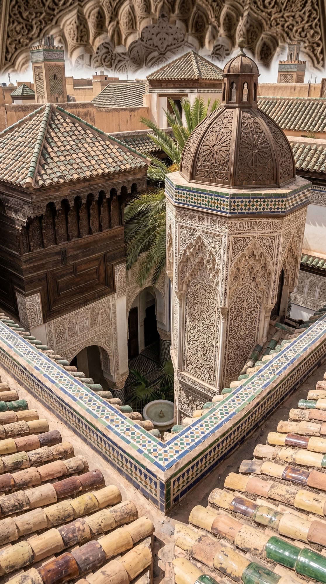 Bahia Palace rooftop view with ornate tower dome and traditional terracotta tile roofs Marrakech