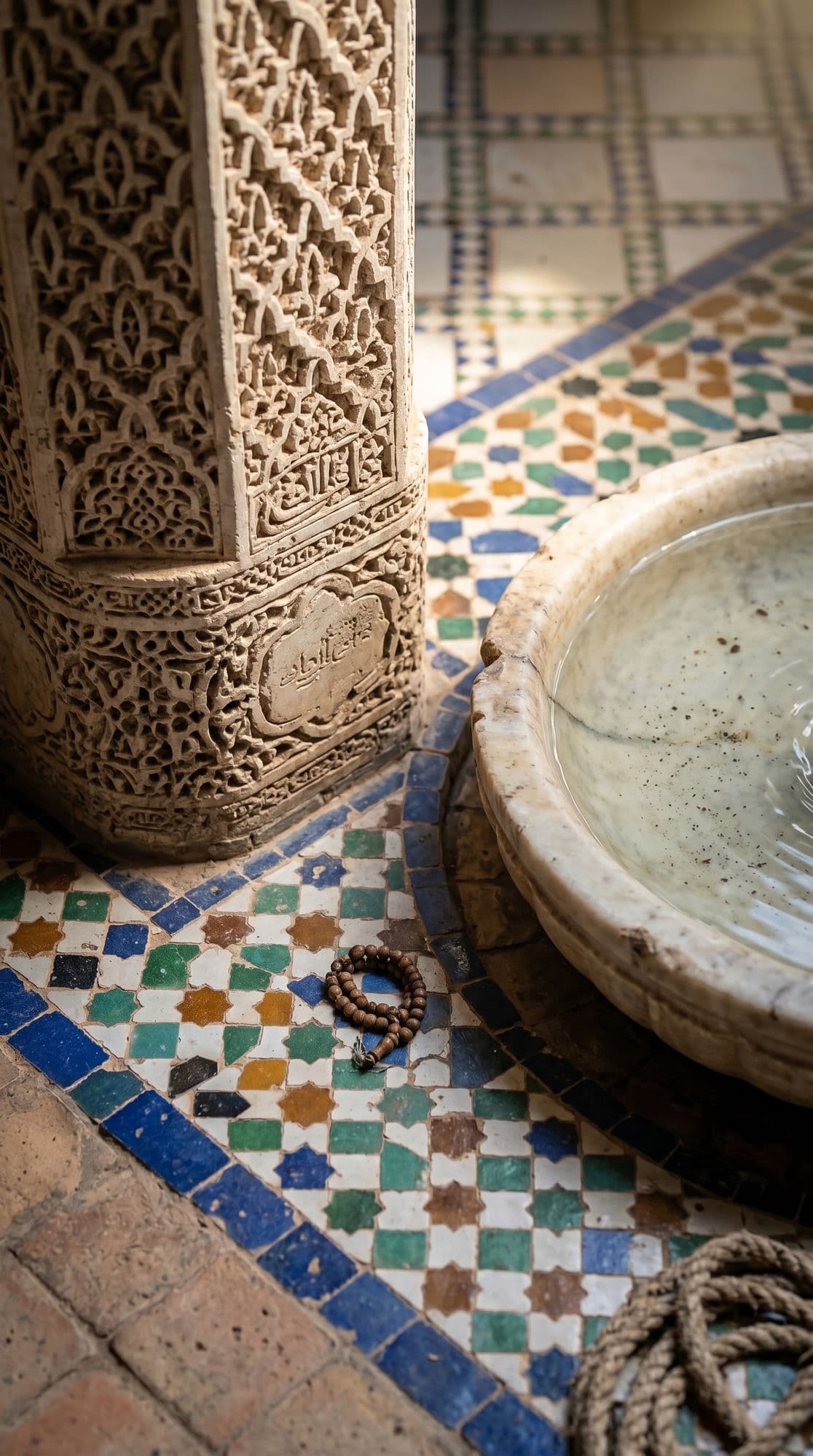 Bahia Palace ornate stucco column with zellige mosaic floor marble water bowl and prayer beads
