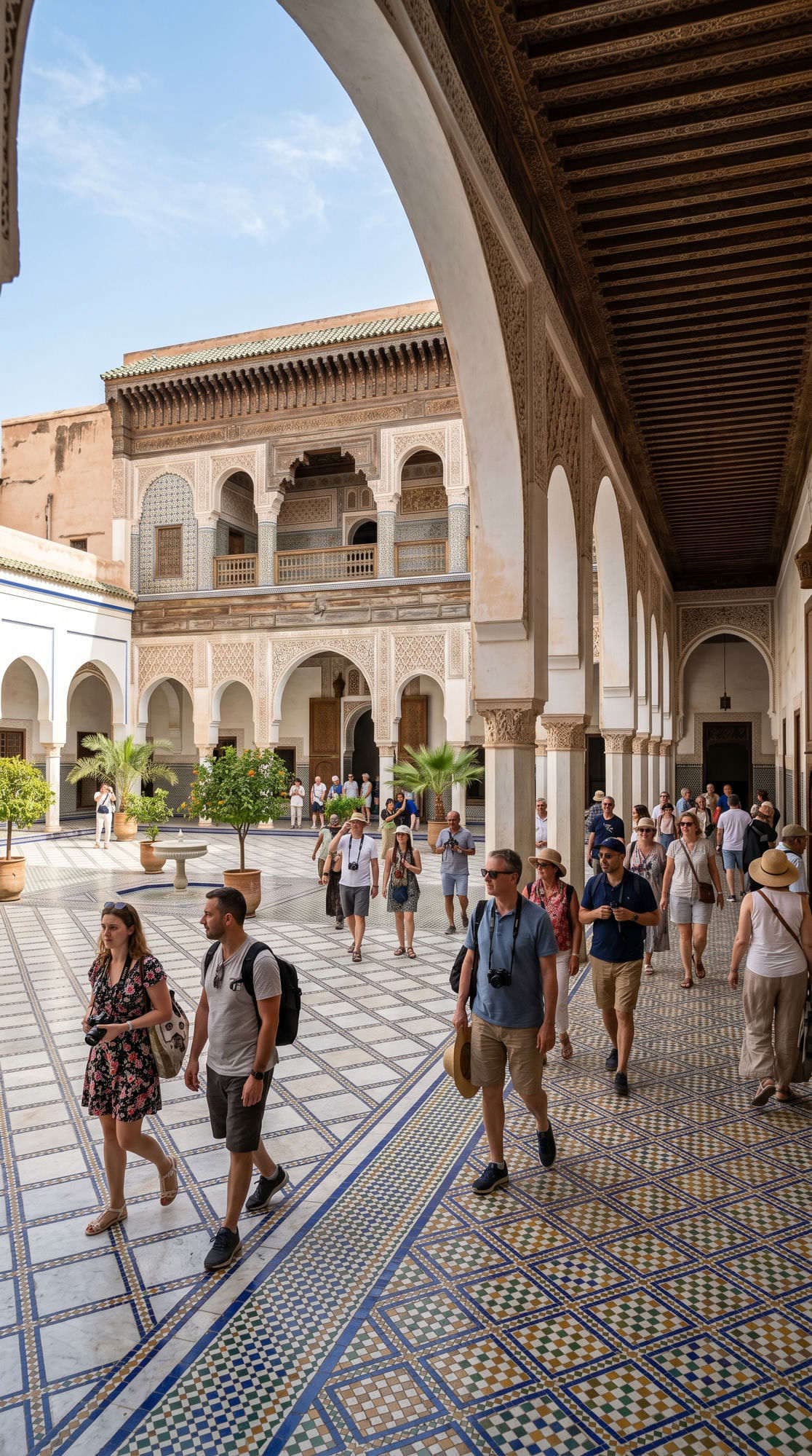 Tourists visiting Bahia Palace grand courtyard with zellige floor arched galleries and palm trees