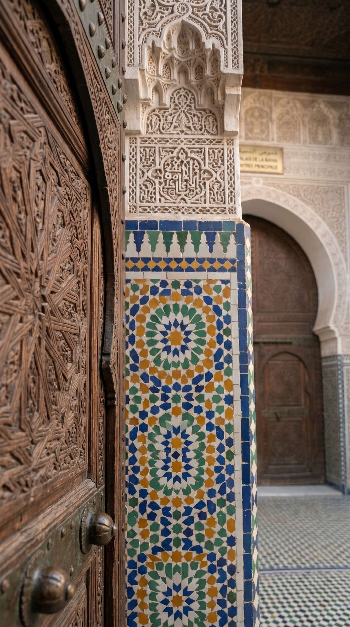 Bahia Palace zellige mosaic column with carved wooden door and entrance arch in background