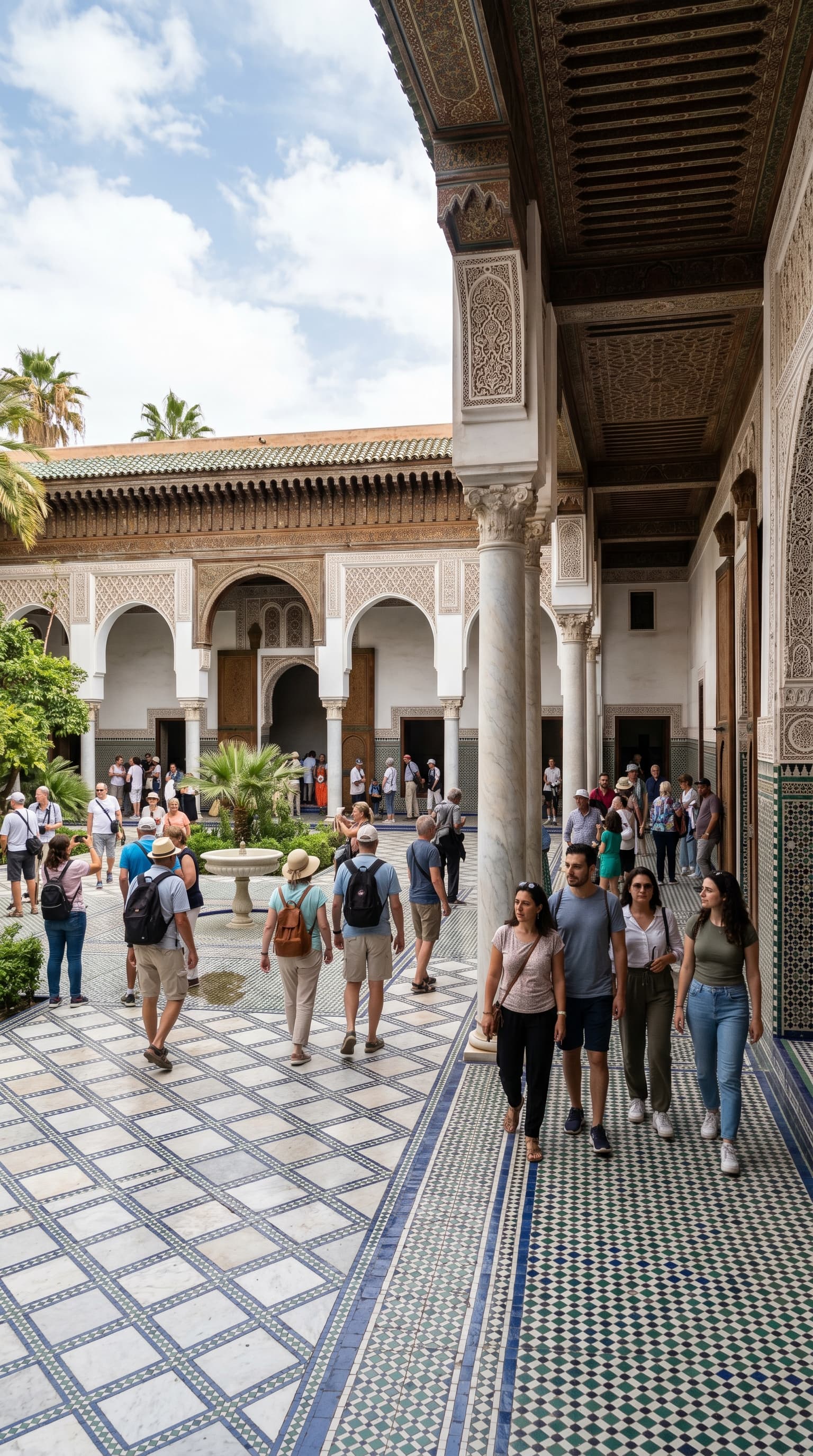 Traditional Moroccan riad courtyard with zellige tiles and tourists at Bahia Palace Marrakech