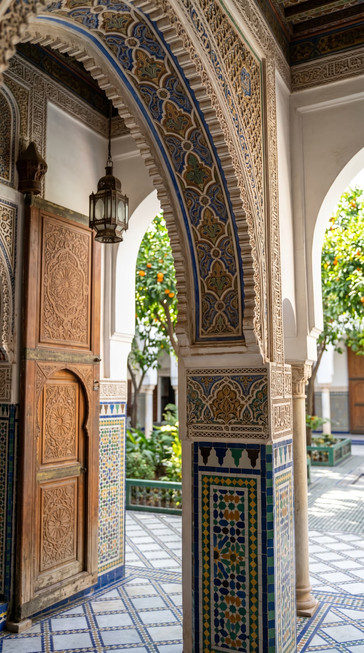 Intricate Moroccan arch and carved wooden door inside Bahia Palace Marrakech