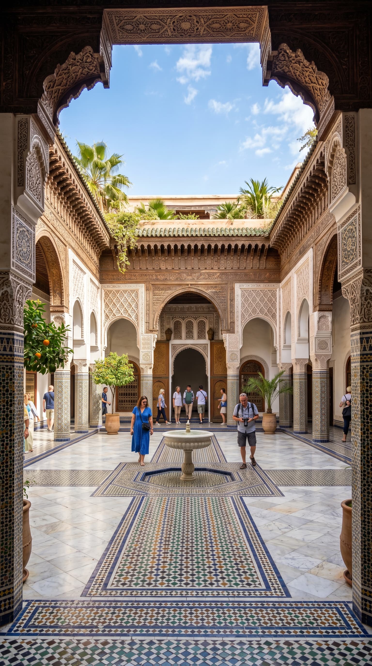 Bahia Palace ornate cedar courtyard with Moroccan arches in Marrakech
