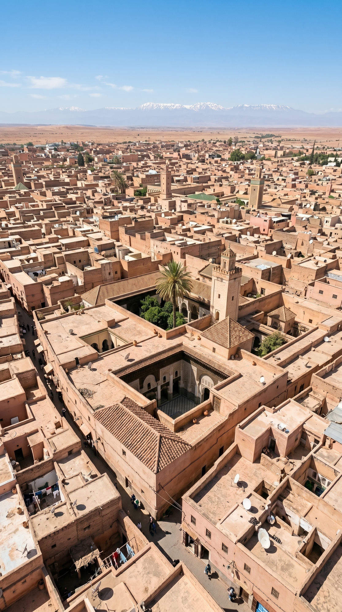Aerial drone view of Marrakech's southern medina showing the
    neighbourhood where both Bahia Palace and Dar Si Said are located
    a few minutes apart on Rue Riad Zitoun el Jedid