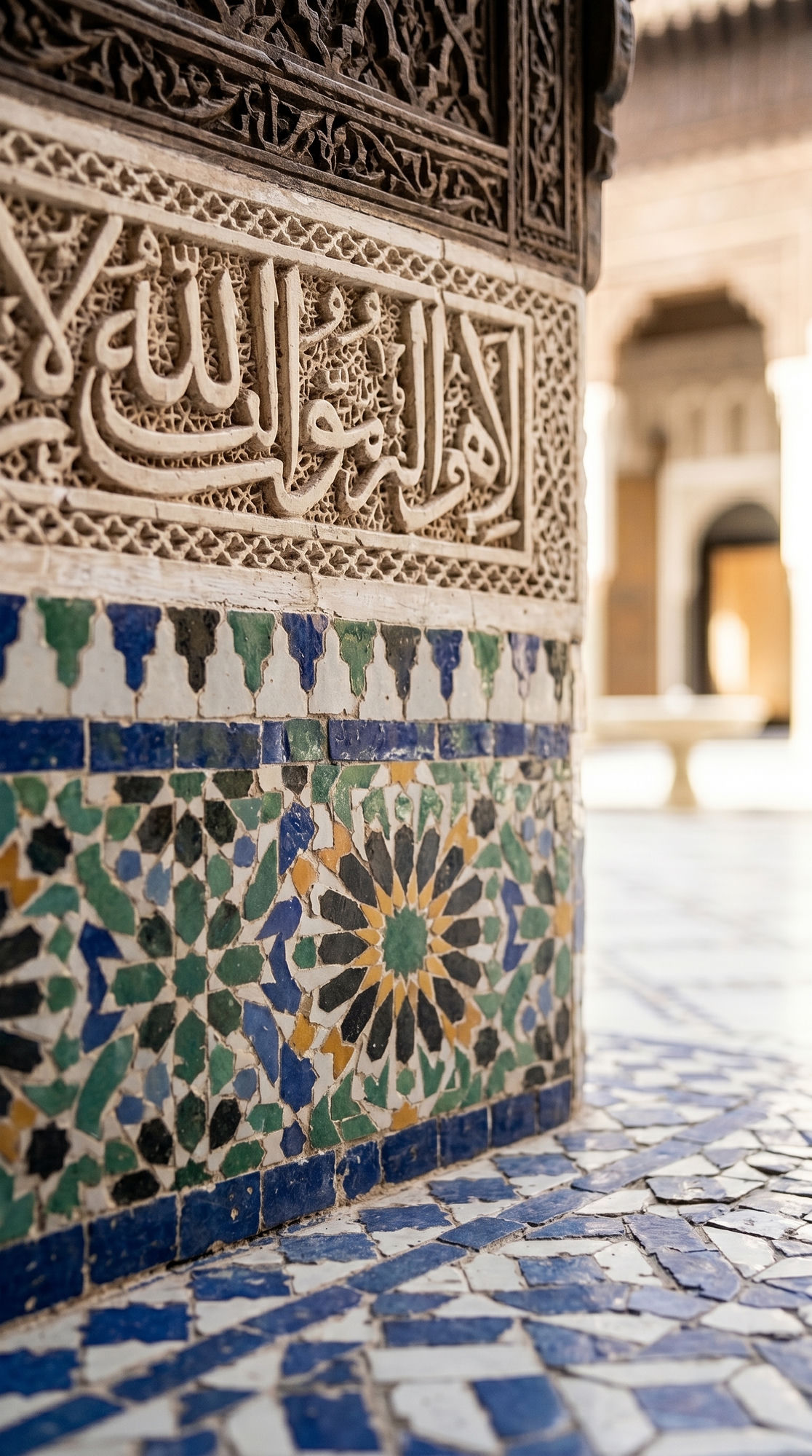Arabic calligraphy carved in plaster stucco above intricate
    zellige mosaic tilework at Bahia Palace Marrakech — the same craft
    tradition produced by the same Fez workshops that built Dar Si Said
    for Ba Ahmed's brother Si Said