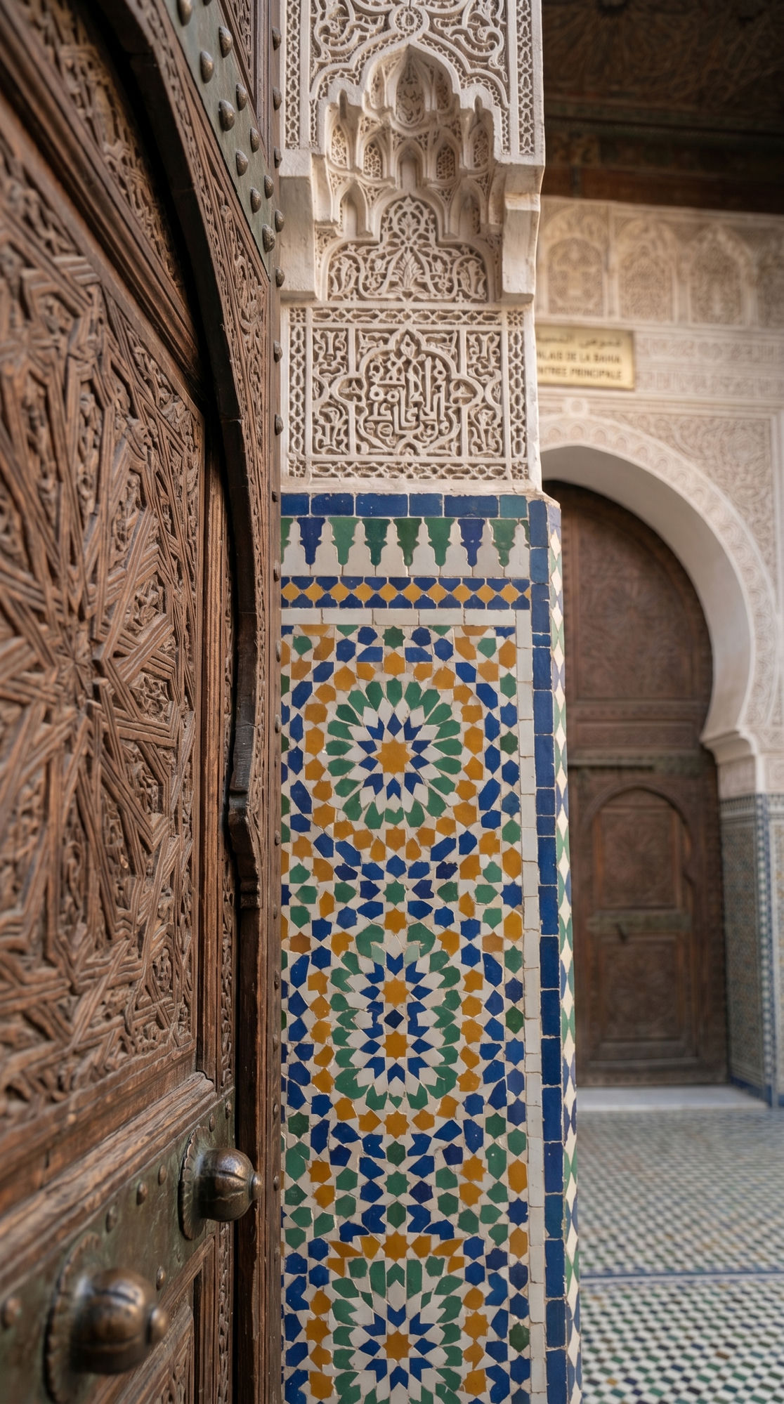 Hand-carved stone column with intricate zellige mosaic tilework at the entrance arch of Bahia Palace Marrakech, showing 19th-century Moroccan craftsmanship