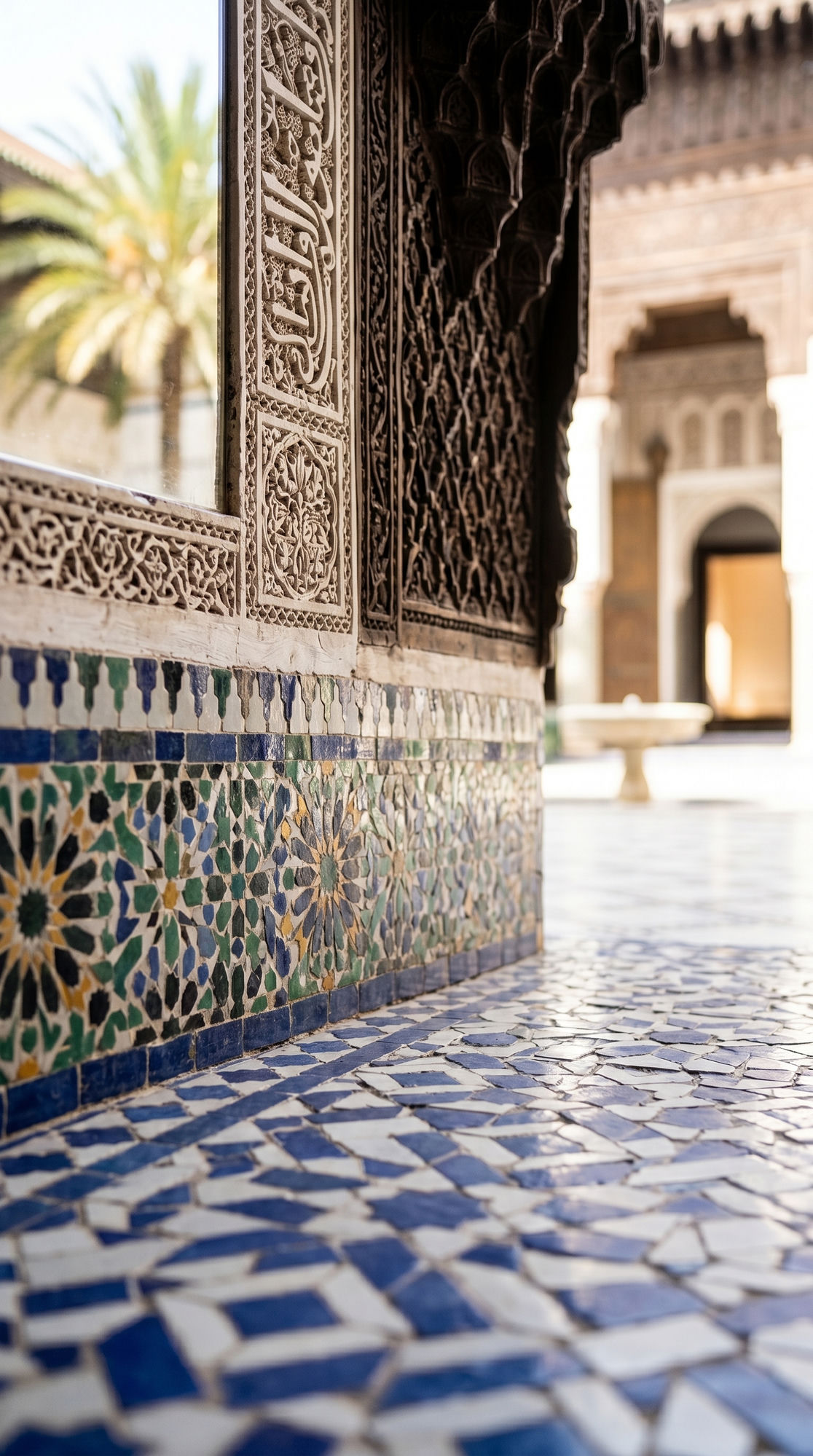 منظر من زاوية منخفضة لأرضية فسيفساء الزليج وجدار الخط الجبصي المنحوت بقصر الباهية بمراكش يُظهر تفاصيل الحرفية