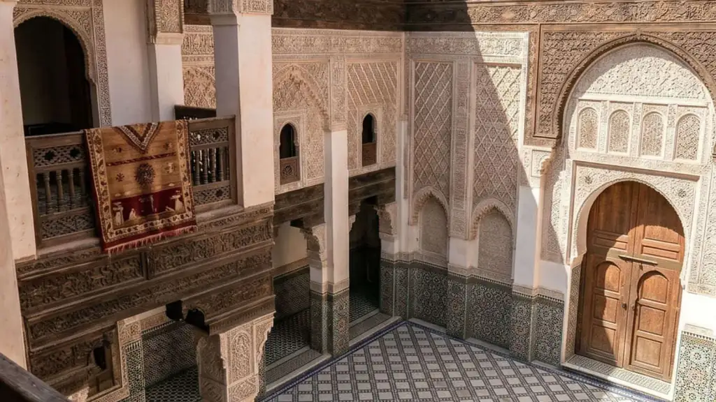 Bahia Palace interior courtyard with zellige tiles and arched columns