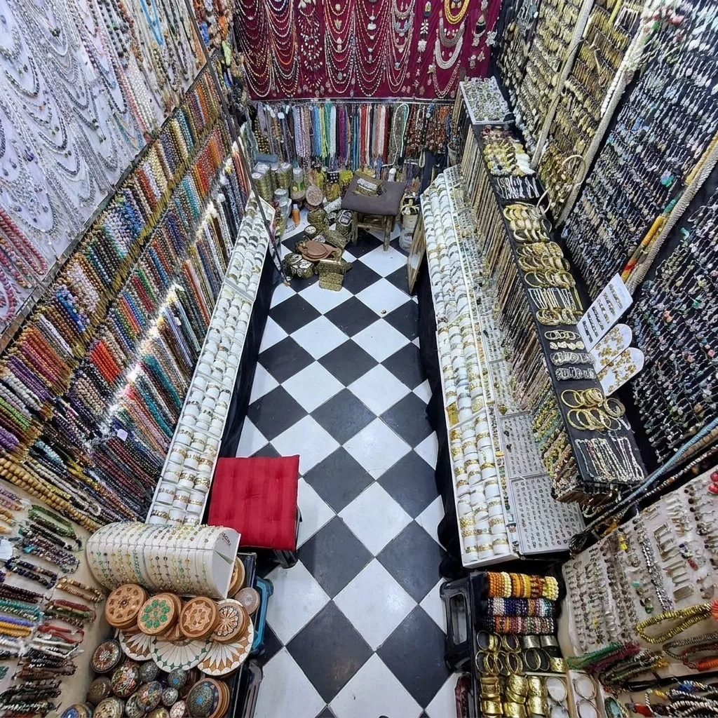 Narrow tall-sided lane with balconies in the Mellah quarter of Marrakech