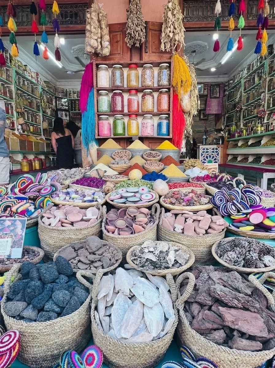 Spices and preserved lemons in open sacks at the Mellah market, Marrakech